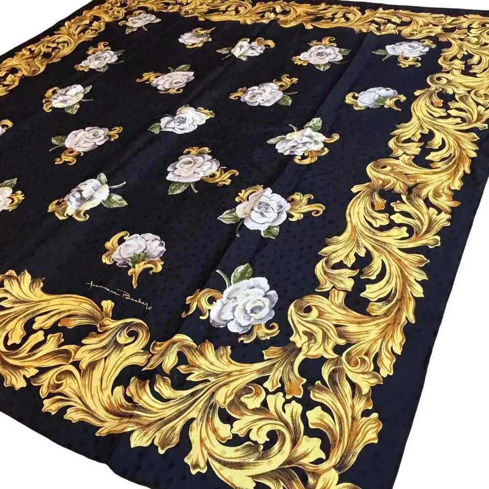 Jeannene Booher silk scarf large square satin brocade black gold & white floral
